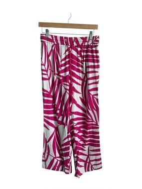 Gemma + Jane Pink Palm Print Wide Leg Linen Blend Pants Tassel Waist M